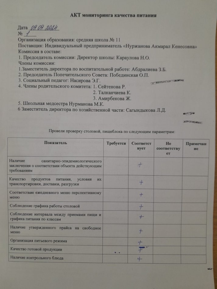Акт мониторинга качества питания
